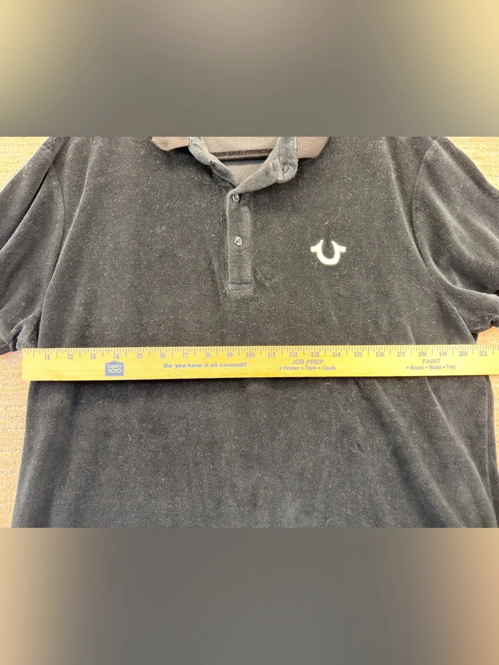 Like New True Religion Black Terry Cloth Polo Logo Tape Short Sleeve Shirt